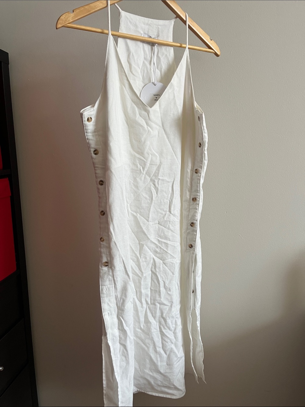 White Linen-Blend Midi Dress with Side Button Detail